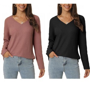 INSPIRE CHIC Women's V Neck Waffle Knit Long Sleeve Casual Tunic Blouses 2 Packs - 1 of 4