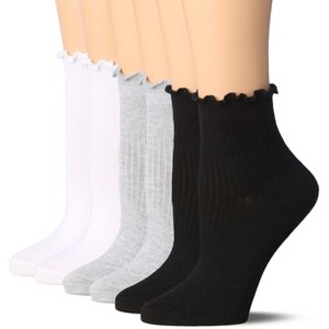 Tipi Toe Womens White/Grey/Black Turn-Cuff Solid Lettuce Edge Lightweight Quarter Length Ruffle Socks - 1 of 4