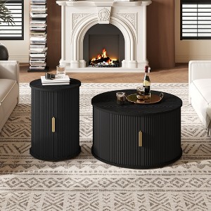 KTMBDW Round Coffee Table Set of 2,Mid Century Modern Wood Coffee Tables with Sliding Door,Minimalist Center Tables for Living Room - 1 of 4