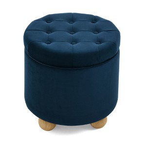 GDFStudio Hilary Round Storage Button-Tufted Velvet Upholstered 18.5" Ottoman with Solid Wood Oval Legs - 1 of 4