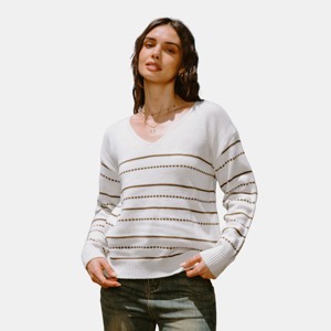 Women's Neutral Striped Long Sleeve V-Neck Knit Top - Cupshe - 1 of 4