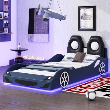 Mocamel Twin Size Wood Race Car Platform Bed with Glow Feature