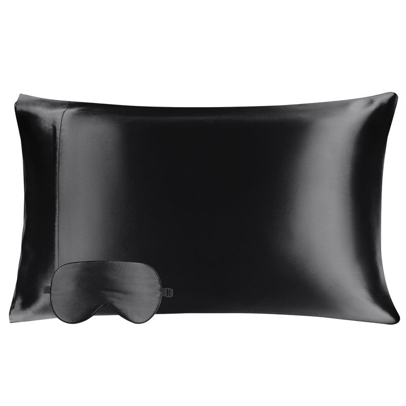 2 Pcs Standard Silk Gift Set Pillowcase and Eye Cover Black - PiccoCasa, 2 of 6