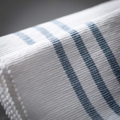 74" White and Blue Cotton Striped Table Runner with Fringed Ends