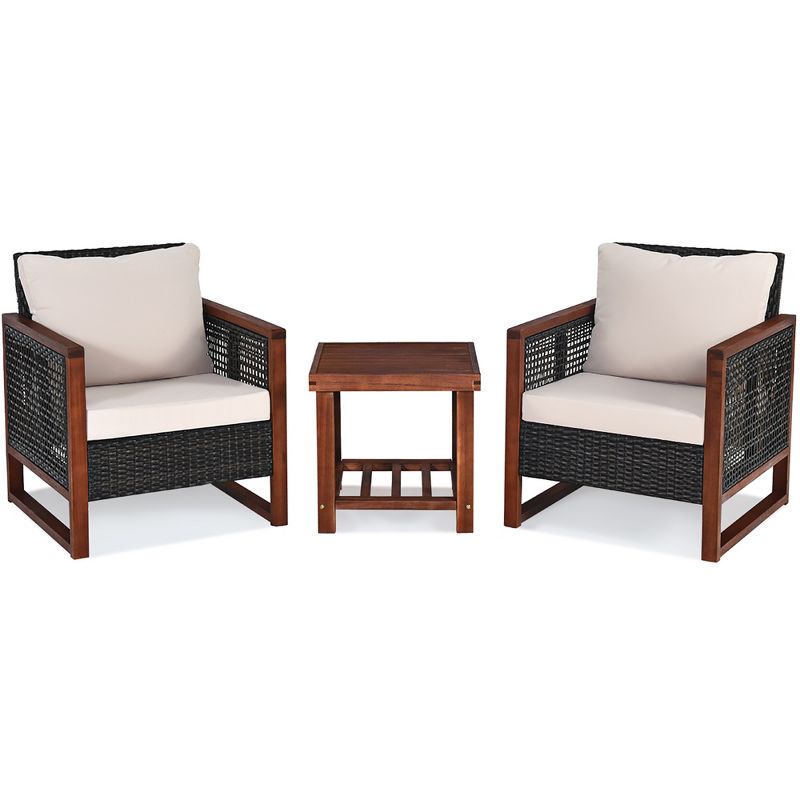 Costway 3PCS Patio Wicker Furniture Set Solid Wood Frame Cushion Sofa w/ Square Table Shelf, 5 of 11