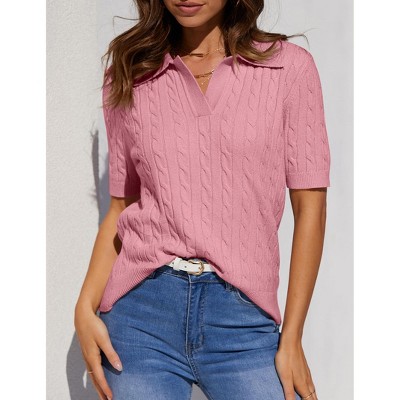 Womens Sweater Collar V Neck Short Sleeve Casual Knit Sweater Tops