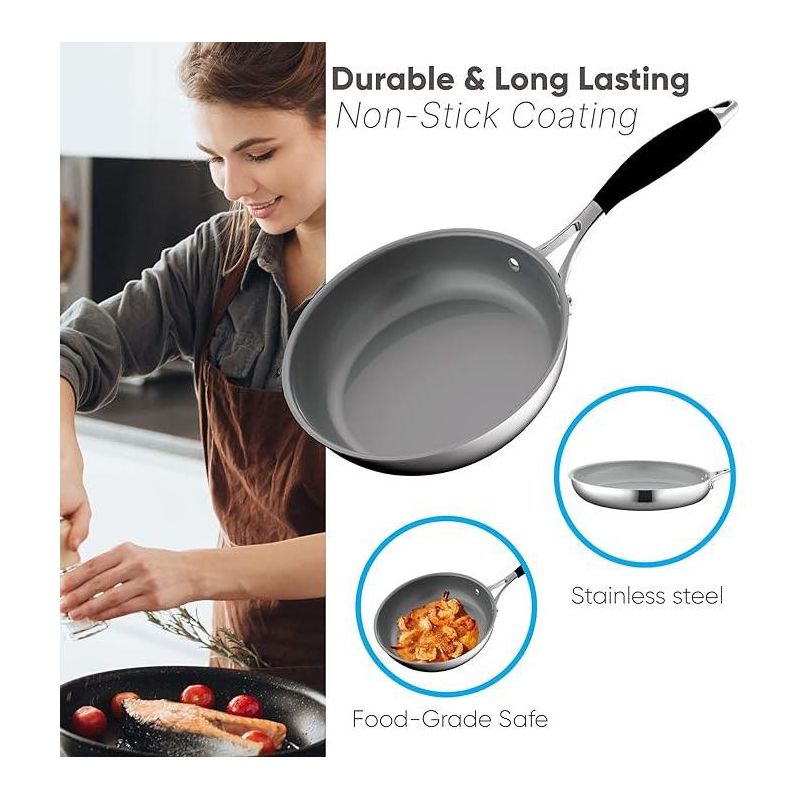 NutriChef 8'' Small Fry Pan - Frypan Interior Coated with Durable Ceramic Non-Stick Coating, Stainless Steel, 3 of 8