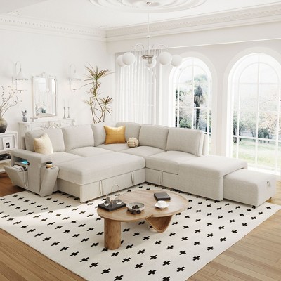 NicBex Couches for Living Room L-shaped Sectional Sofa Upholstered Sofa Couch with Storage Space,  USB Ports, and Cup Holders on the Armrests