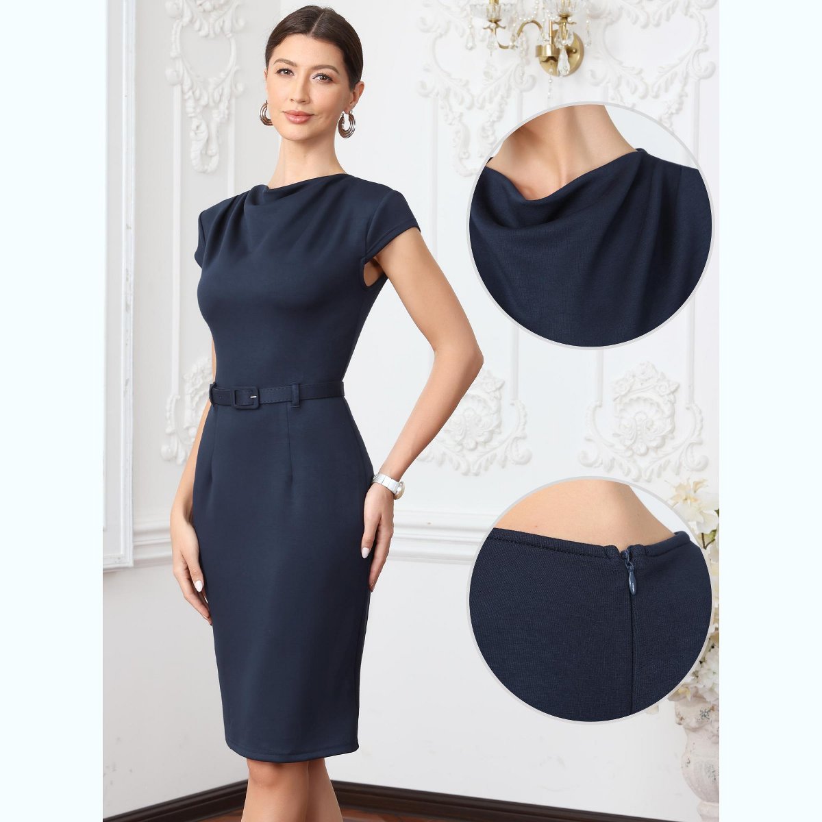 Женские платья INSPIRE CHIC Women's Cowl Neck Cap Sleeve Stretch Work Belted Bodycon Midi Dresses Medium Dark Blue — фото 2