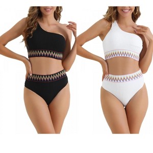 INSPIRE CHIC Women's Ribbed One Shoulder High Waist Color Braided Trim Swimwear Bathing Bikini Suits 2 Sets - 1 of 4