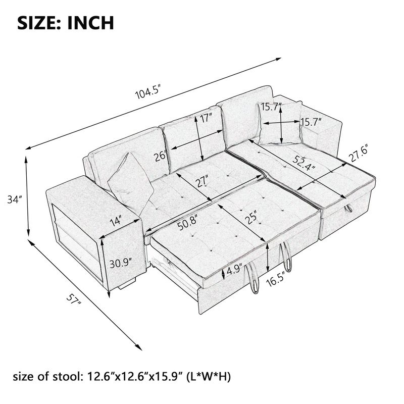 104" Pull Out Sleeper Sofa, Reversible L-Shape Sectional Couch with Storage Chaise and 2 Stools-ModernLuxe, 3 of 13