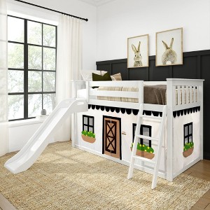Twin Over Twin Low Bunk With Easy Slide & Black & White Farmhouse Curtain - 1 of 4