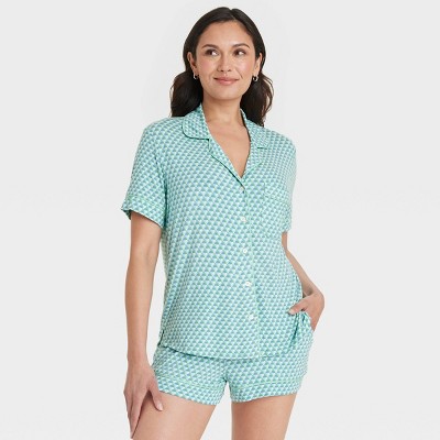 Image of Women's Cloud Knit Short Sleeve Notch Collar Top and Shorts Pajama Set - Auden™ Green/Geometric M