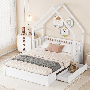 SeaCamel White Queen Size Wood House Platform Bed - Guardrail & 2 Storage Drawers, Kid-Friendly Design for Bedroom/Kids' Room - 1 of 4