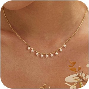 Gold Plated Pearl Lariat Necklace for Women, Dainty Beaded Drop Choker Vintage Style GD-Lips pearl necklace - 1 of 4