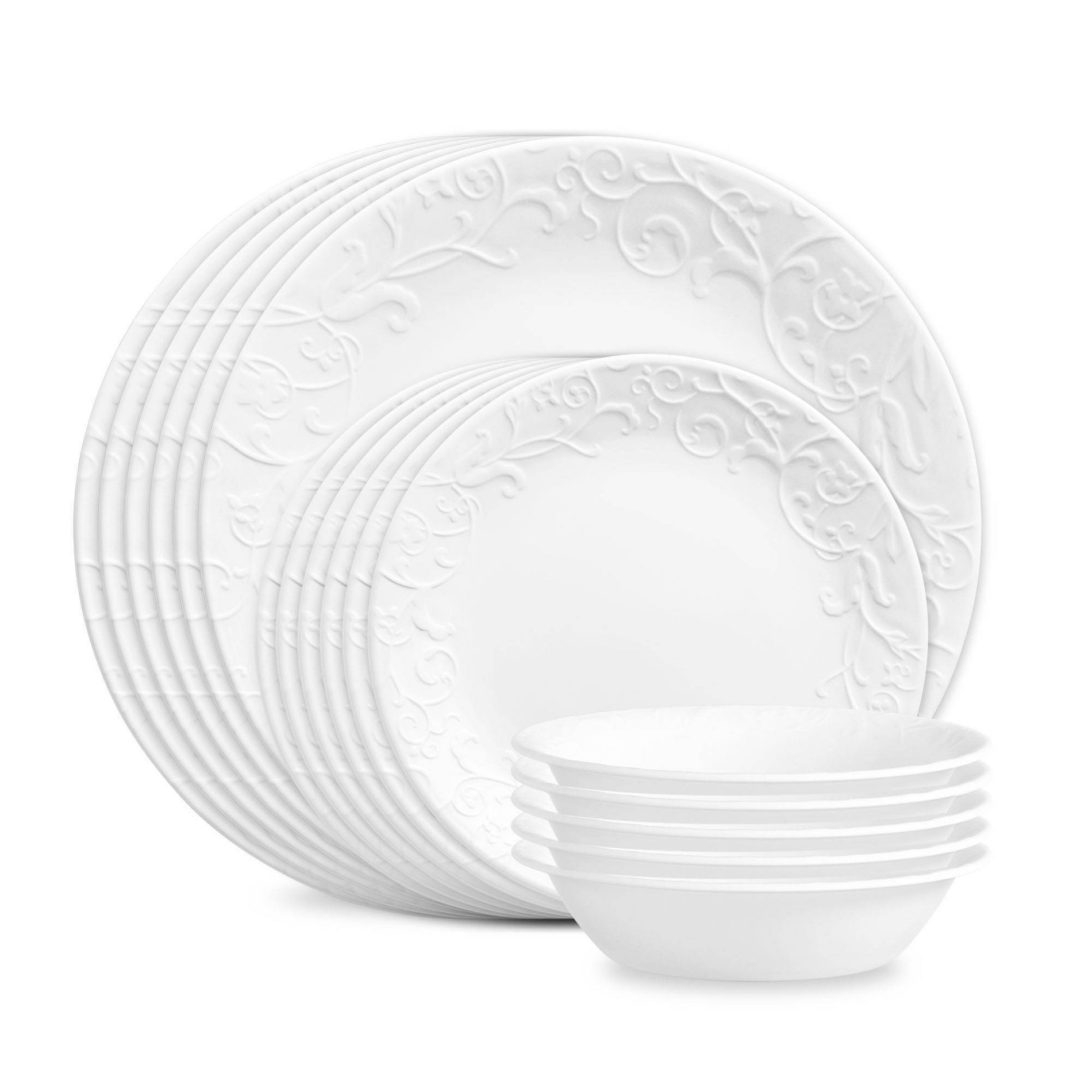 Corelle 18pc Vitrelle Embossed Bella Faenza Dinnerware Set White: Floral Pattern, Service for 6, Dishwasher & Microwave Safe
