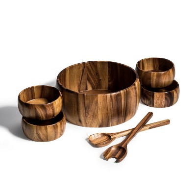 Kalmar Home 12-Inch Acacia Wood Smooth Extra Large Salad Bowl with 4 Bowls