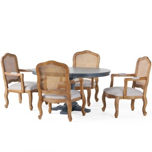 GDFStudio Biorn 5 Pieces French Country Upholstered Wood and Cane Expandable Dining Set - 1 of 4