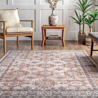 Eco-Friendly Beige Synthetic 4' x 6' Washable Area Rug