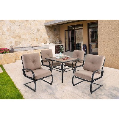 5pc Patio Dining Set with Square Table with Umbrella Hole & 4 Metal Spring Motion Chairs - Beige - Captiva Designs