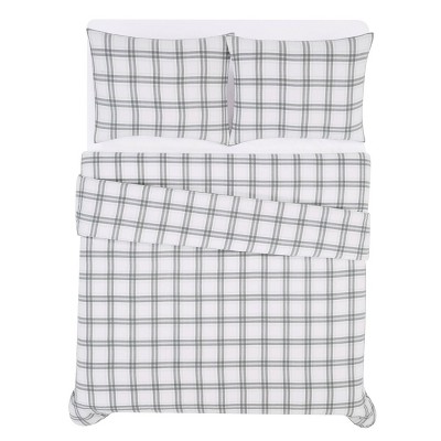 King Gray Plaid Cotton Flannel Duvet and Sham Set