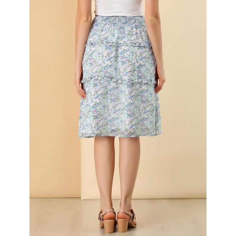 Allegra K Women's Floral Print Smocked Elastic Waist Knee Length Flowy Tiered Ruffle Skirt, 5 of 7
