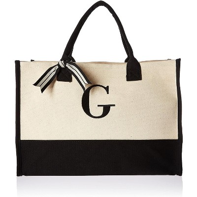 Mud Pie Classic Canvas Initial Tote Bags , 100% Cotton, 17" x 19" x 2", Black and White
