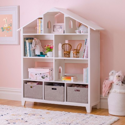 Creamy White Wooden Kids Dollhouse Bookcase with Storage Bins