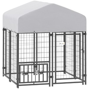 PawHut Outdoor Dog Kennel, Welded Wire Dog Run with 360° Rotating & 4 Levels Adjustable Bowls, Waterproof & UV Resistant Cover, 3.9' x 3.9' x 4.5' - 1 of 4