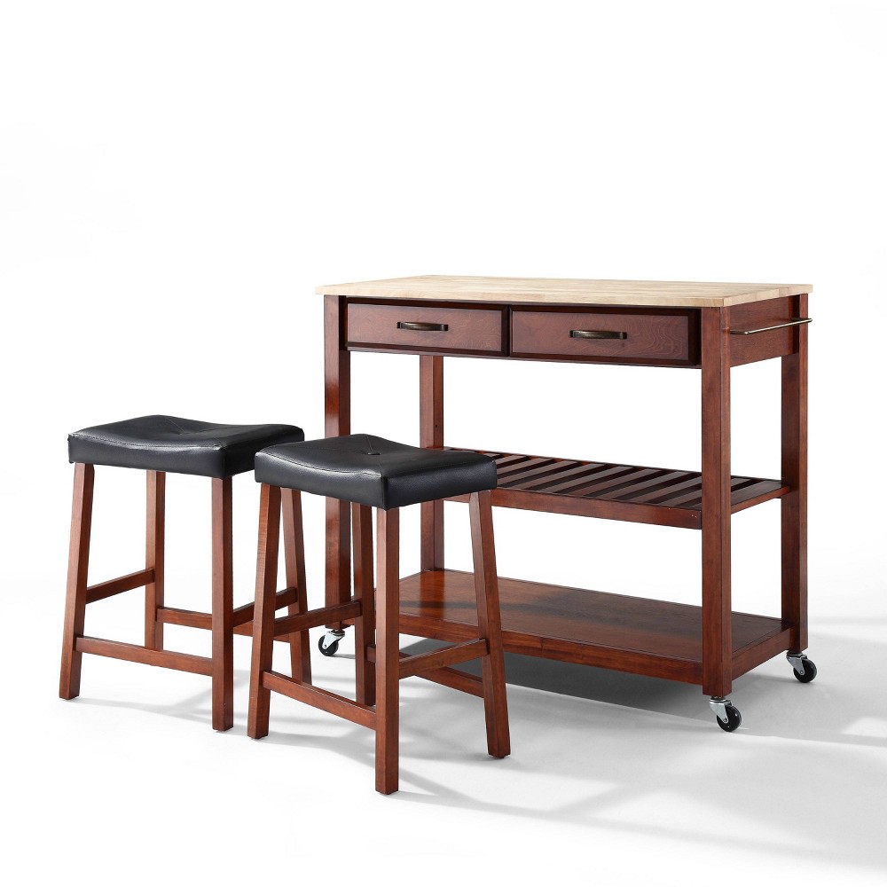 Photos - Other Furniture Crosley Wood Top Kitchen Prep Cart with 2 Upholstered Saddle Stools Cherry - Crosl 