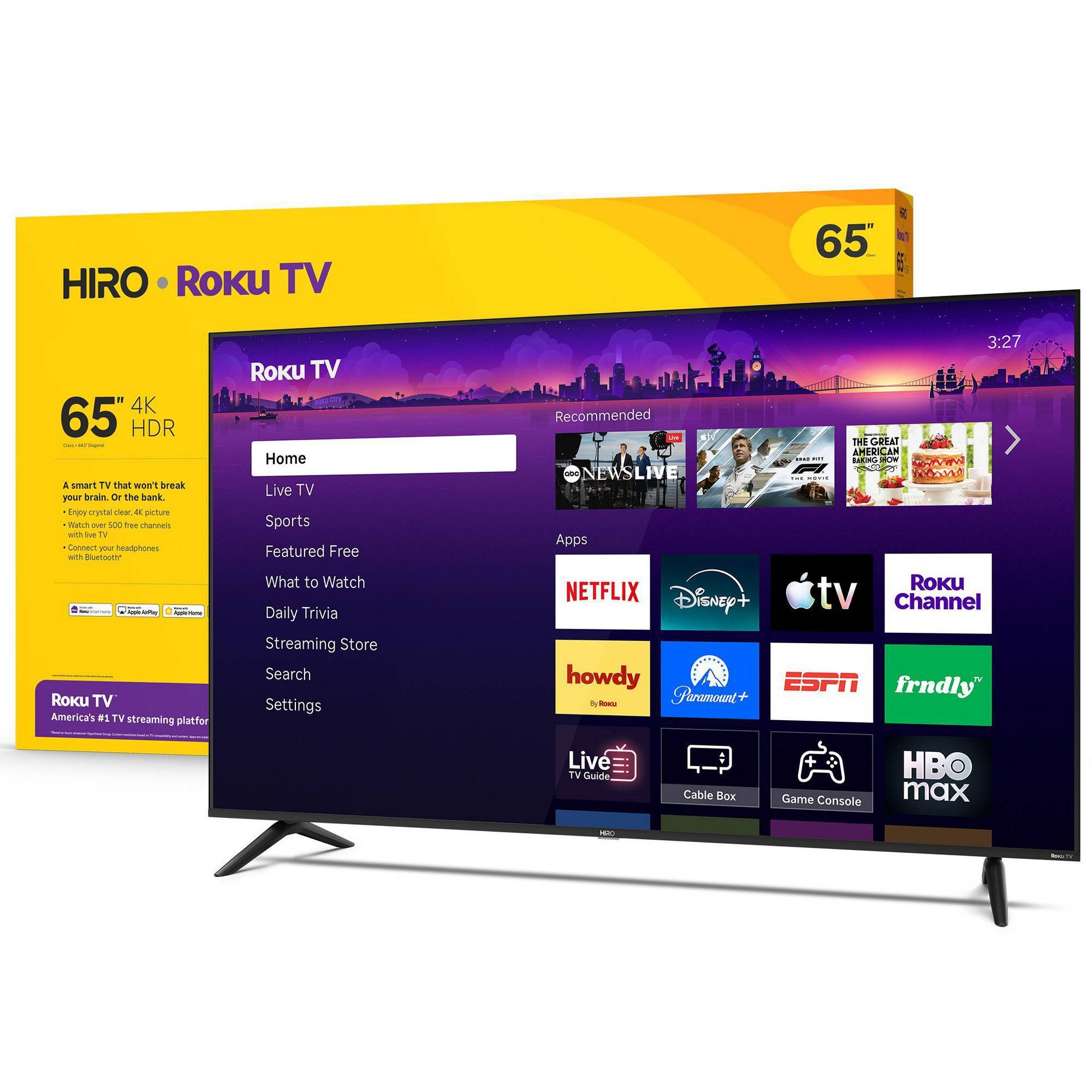 Hiro 65" 4K HDR Smart TV Flat Screen LED Television with Roku TV and Dolby Audio Streaming