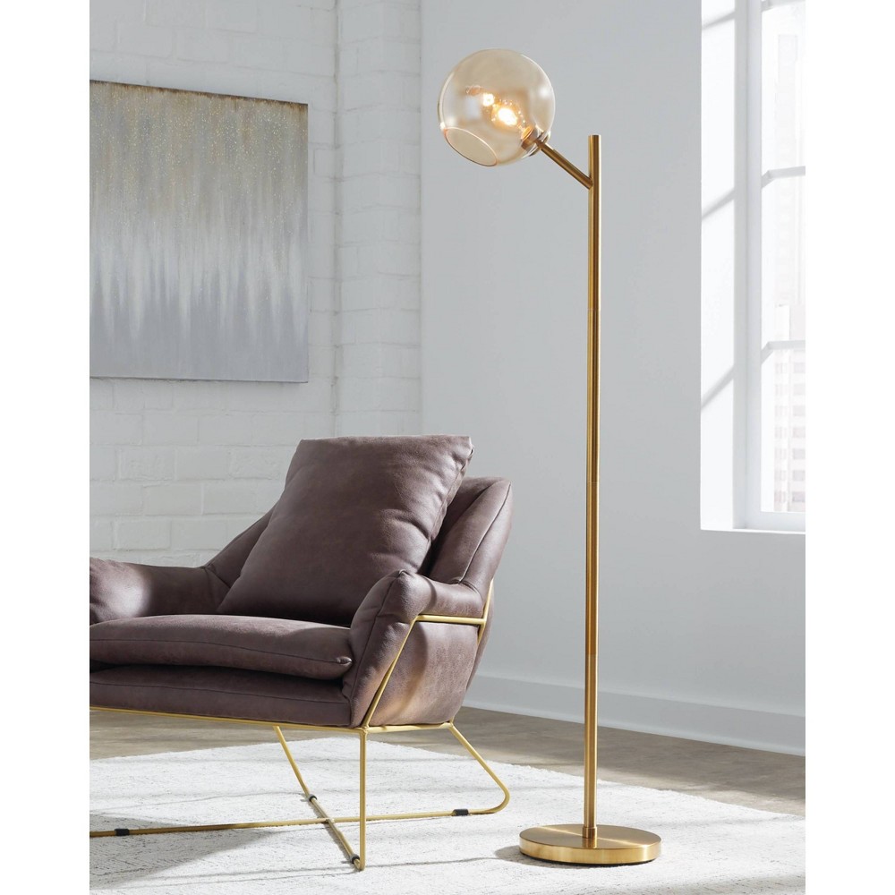 Photos - Floodlight / Street Light Abanson Floor Lamp Amber/Gold - Signature Design by Ashley: Brushed Metal, Glass Shade, On/Off Foot Switch