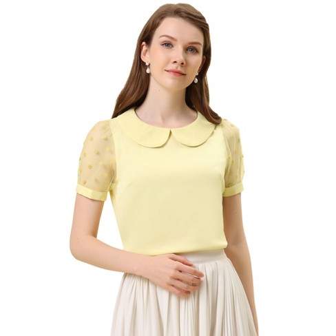 Peter Pan Collar Puff Mesh Short Sleeve Polka Dot Blouse, Allegra K