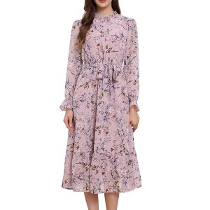 INSPIRE CHIC Women's Floral Mock Neck Long Sleeve Elastic Waist Flowy Midi Dress - 1 of 4
