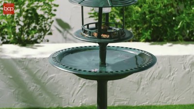 Stone Solar-Powered Bird Bath with Planter Base and Lamp