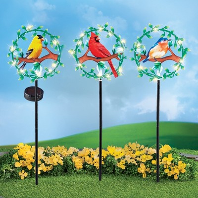 Solar Powered LED Lighted Bird Stakes Set with Colorful Songbirds