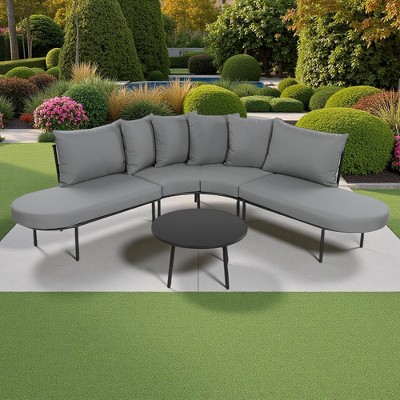 Outdoor Patio Iron Curved Sectional Sofa Set with Coffee Table and Cushions