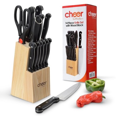 Cheer Collection 13-Piece Stainless Steel Kitchen Knife Set with Wooden Block, Shears, and Sharpener