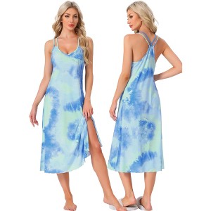 cheibear Women's Sleeveless Racer Back Full Slip Camisole Midi Nightgowns - 1 of 4