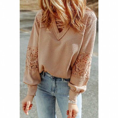 Women's Ldc Lace Waffle Patchwork Strappy V Neck Long Sleeve Top - Little Daisy Closet