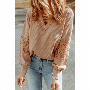 Women's Ldc Lace Waffle Patchwork Strappy V Neck Long Sleeve Top - Little Daisy Closet - 1 of 2