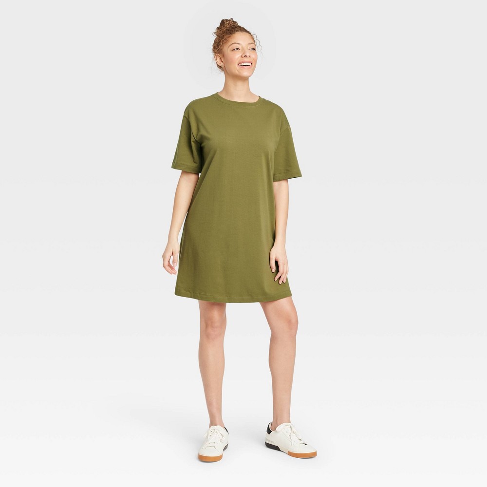 size XS Women's Elbow Sleeve Knit T-Shirt Dress - A New Day Olive Green