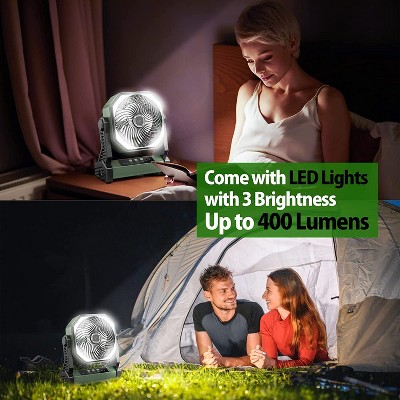 Green Rechargeable Oscillating Desk Fan with LED Light and Hook