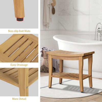 Decksplore Solid Teak Shower Bench with Storage Shelf, 20" Waterproof Bathtub Stool for Elderly & Seniors, Non-Slip Feet