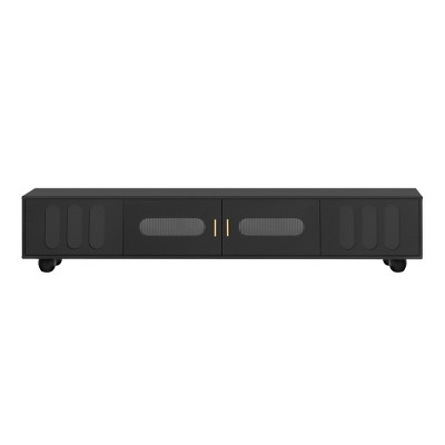 LIVAREEmlen Modern TV Stand for TVs up to 80 Inches with Glass Door, TV Storage Cabinet with Solid Wood Legs and Metal Handles for Living Room