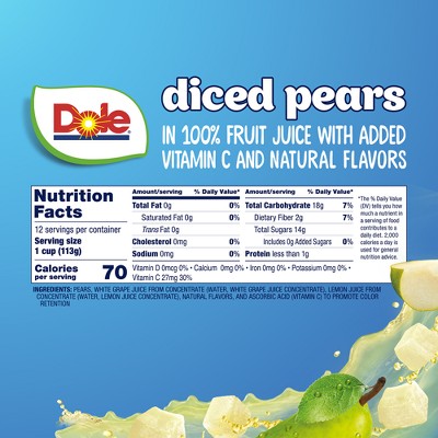 Dole Diced Pears in Juice Fruit Cups - 12ct
