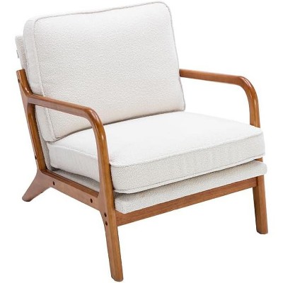 Armchair Arm Wood Frame, Curved Edges, Wooden Legs Modern Accent Upholstered Sofa Chairs for Living Room, Office, L-Shape Boucle Beige