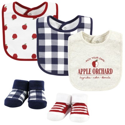 Image of Hudson Baby Infant Boy Cotton Bib and Sock Set, Apple Orchard, One Size