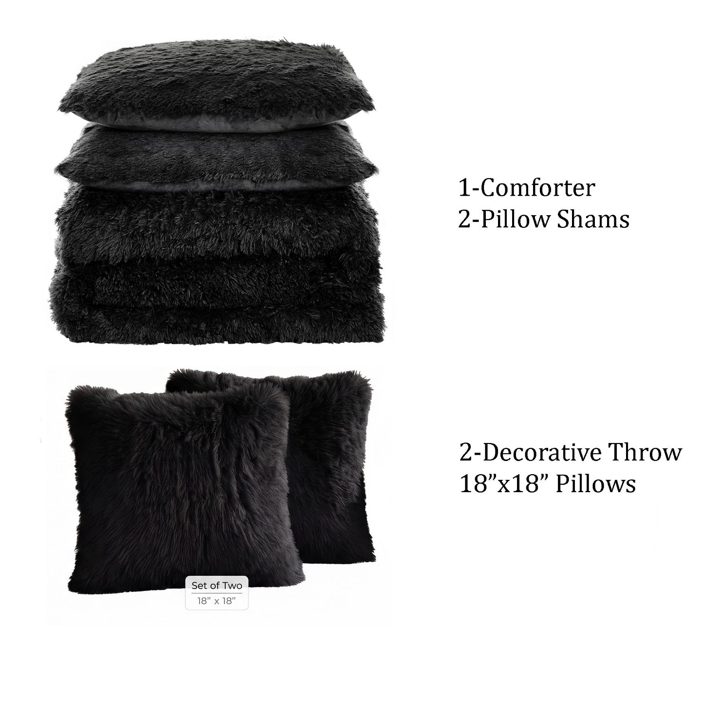 Комплект с одеялом Sweet Home Collections 5 Piece Plush Shaggy Comforter Set Ultra Soft Luxurious Faux Fur & Velvet Bedding with Decorative Pillows, Queen, Silver, цвет: Чёрный — фото 2