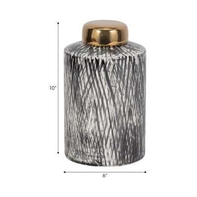 10" Black and White Ceramic Ginger Jar with Gold Lid